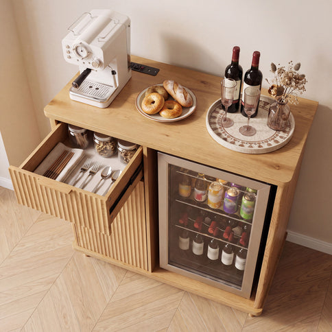 Fluted Coffee Bar Cabinet With Mini Fridge Space & Charging Station - Natural