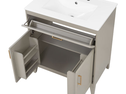 30" Bathroom Vanity With Sink Top, Soft Close Double Doors & Tip Out Drawer, Adjustable Interior Shelf, Door Mounted Organizers - Beige