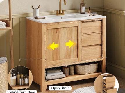 36" Bathroom Vanity With Sink, Soft Close Drawers - Natural