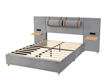 Upholstered Platform Bed, 2 Outlets And USB Charging Ports On Both Sides, 2 Bedside Pillows, Storage Shelves