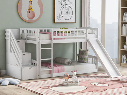 Twin Over Twin Stairway Bunk Bed With Two Drawers And Slide