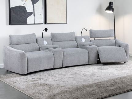 Fullar - Modular Power Motion Sectional Sofa With Console, 2 Wireless Chargers, 4 Cupholders, And 2 Speakers, 1 Phone Holder And 1 Reading Light, Adjustable Headrest - Light Gray