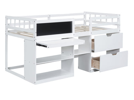 Low Loft Bed With Rolling Desk, Shelf And Drawers