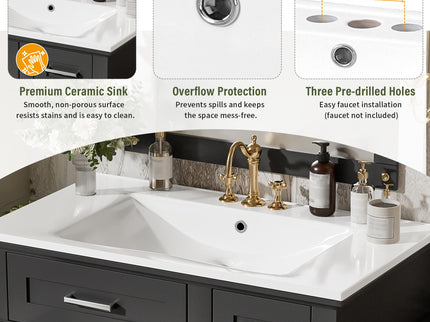 Modern Bathroom Vanity With Sink, Storage Cabinet, Soft Close Doors, Deep & Standard Drawers
