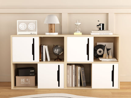 Storage Cabinet With Sliding Doors, 2 Tier Open And Closed Shelves Organizer - Natural / White