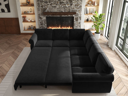 L-Shaped Sofa Couch With Pull Out Bed With Nailhead Trim & Rolled Arm
