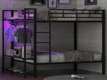 Bunk Bed With Storage Shelves, Clothes Hooks, LED Light