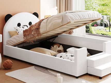 Upholstered Daybed With Bear Shaped Headboard, Hydraulic System And Breathable Fence