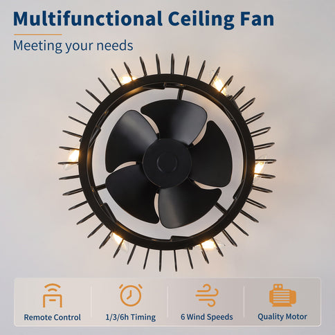 Flush Mount Ceiling Fan With Lights, Low Profile Fandelier With E12 Sockets, Reversible DC Motor, 6 Speeds - Black