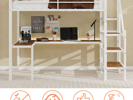 Loft Bed & L-Shaped Desk, Large Storage Space