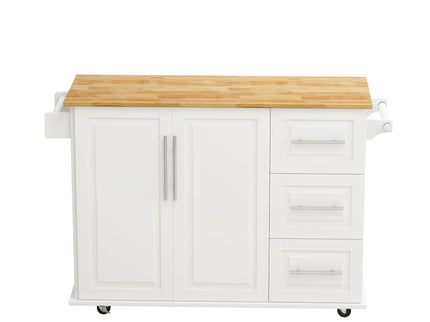 Kitchen Island Cart With 2 Door Cabinet, 3 Drawers, Spice Rack & Towel Rack - White