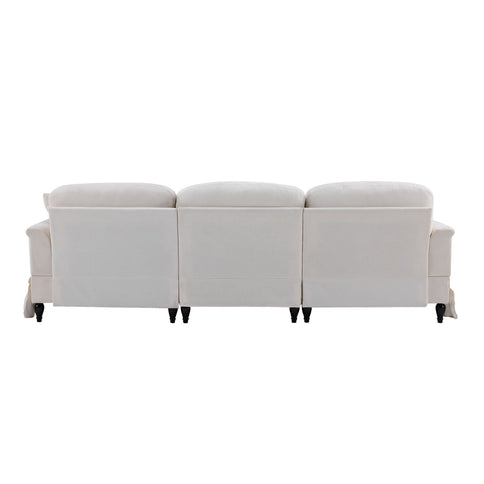 L-Shaped Sectional Sofa With Removable Ruffled Skirt, Flared Arms, Ottoman - White