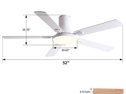 Flush Mount Ceiling Fans With LED Light And Remote Control, 5 Blades
