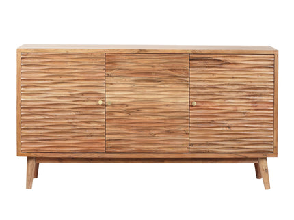 Boho Handcrafted 3 Door Sideboard, Carved Texture & Artisanal Charm - Natural