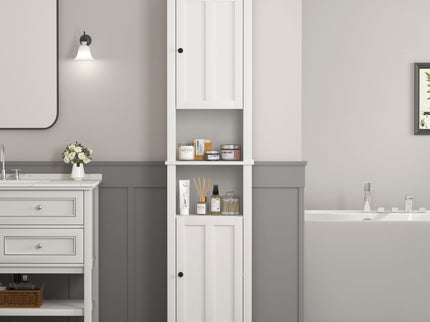 Wooden Bathroom Floor Storage Cabinet With 2 Doors And 6 Shelves - White