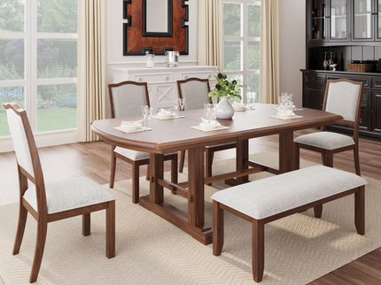 6 Piece Extendable Dining Table Set, Wood Table With Removable Leaf, 4 Upholstered Chairs And Bench - Cherry