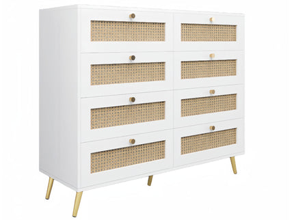 8 Drawers Chest Of Drawers With Rattan Drawer Face Golden Legs And Handles - White