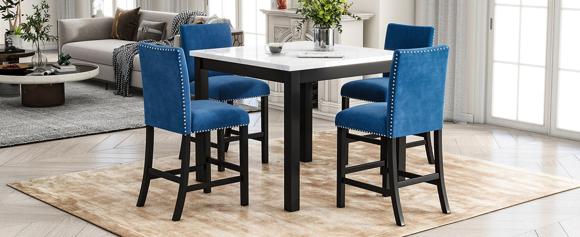 5-Piece Counter Height Dining Table Set With One Faux Marble Top Dining Table And Four Upholstered Chairs