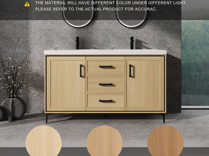 Original 60" Freestanding Bathroom Vanity With Double Resin Sink Plywood Soft Closing Doors & Drawers - Oak