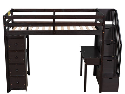 Loft Bed With Storage Drawers, Desk And Stairs With Shelves