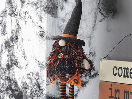Standing Gnome With Banner & Spring Body, For Halloween Decor - Black / Orange / White