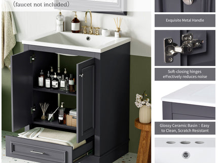 Bathroom Vanity With Ceramic Sink Combo, Modern Freestanding Storage Cabinet With Silver Handles