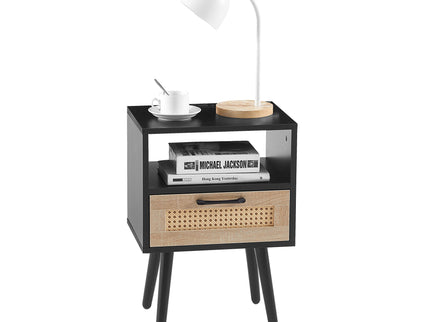 15.75" Rattan End Table With Power Outlet & USB Ports, Modern Nightstand With Drawer And Solid Wood Legs, Side Table For Living Room, Bedroom