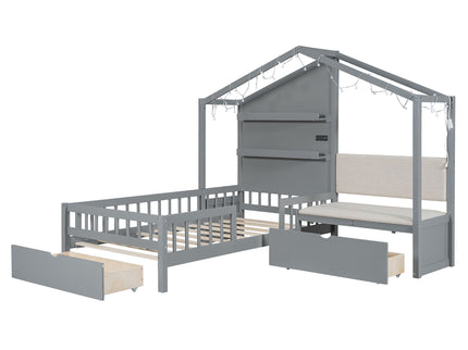 House Bed With Upholstered Sofa, Wireless Charging Station, Shelves And 2 Drawers