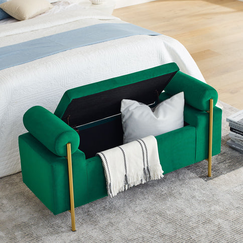 Elegant Upholstered Storage Bench With Cylindrical Arms And Iron Legs,