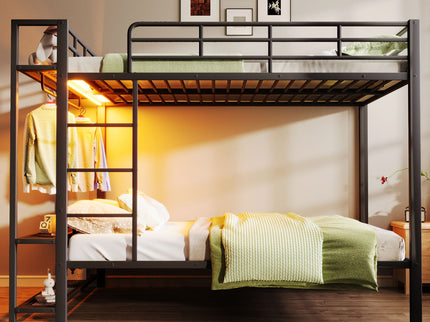 Bunk Bed With Storage Shelves, Clothes Hooks, LED Light