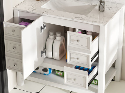 37" Bathroom Vanity, Multi Functional Cabinet With Doors And Drawers, Frame, Single Faucet Hole - White