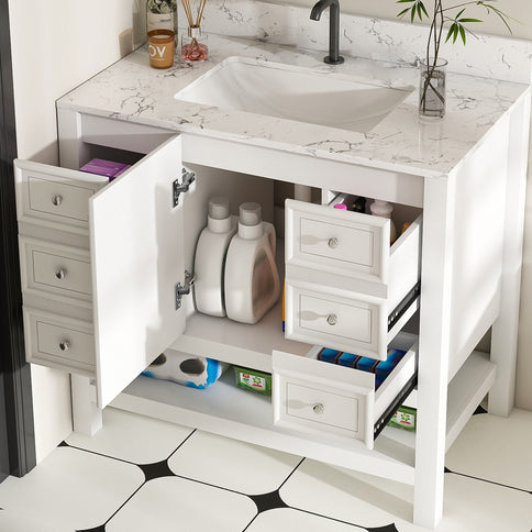 37" Bathroom Vanity, Multi Functional Cabinet With Doors And Drawers, Frame, Single Faucet Hole - White