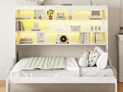 Murphy Cabinet Bed With Folding Sofa, Built In Storage Shelves And LED Light