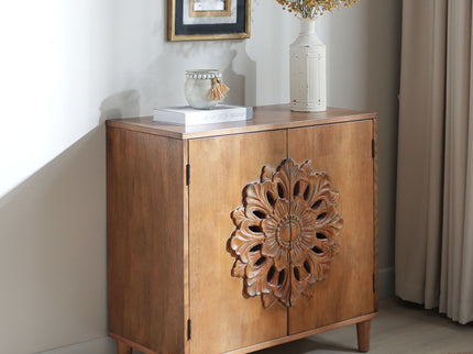 2 Door Accent Storage Cabinet With Floral Design, Sideboard For Living Room - Dark Brown