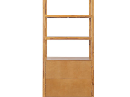 Tall Storage Bookcase Cabinet With 2 Open Shelves & Double Doors, Freestanding Shelving Unit - Natural