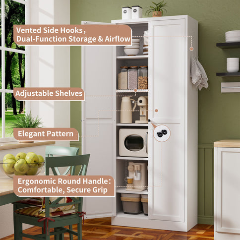 Kitchen Pantry Cabinet With Doors, Heavy-Duty Freestanding Storage Organizer With 5 Adjustable Shelves, Tool Free Assembly - White