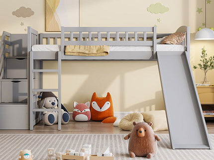 Loft Stairway Bed With 2 Drawers, Convertible Ladder And Slide