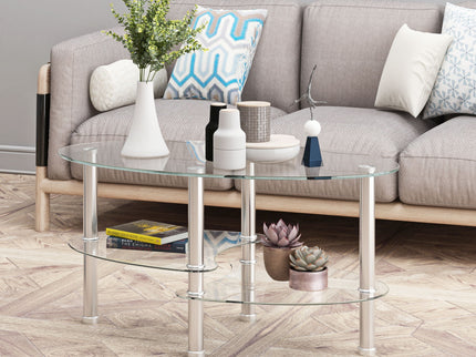 Transparent Oval Glass Coffee Table, Modern Table In Living Room Oak Wood Leg Tea Table 3-Layer Glass Table