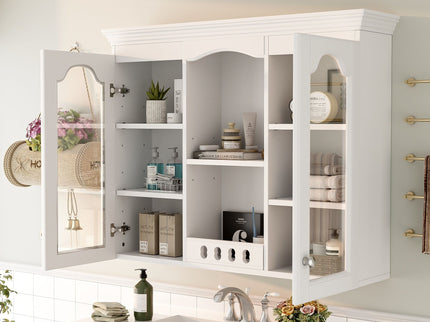 Wall-Mounted Medicine Cabinet With 2 Glass Doors, Adjustable Shelves - White