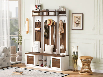 5 In 1 Entryway Bench With Coat Rack, 7 Sturdy Hooks, 2 Spacious Drawers And Adjustable Shelves
