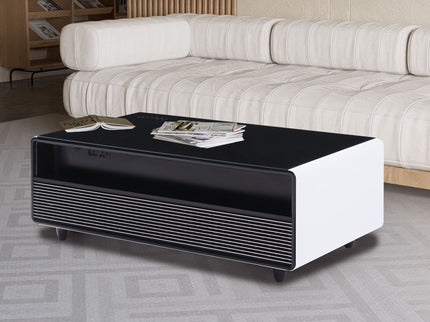 Modern Smart Coffee Table With Built-In Fridge, tooth Speaker, Wireless Charging Module, Touch Control Panel, Power Socket, USB Interface, Outlet Protection, Atmosphere Light