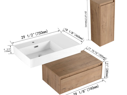Modern Wall Mounted Bathroom Vanity With Resin Sink And Side Cabinet, Soft Close Drawer, Imitative - Imitative Oak