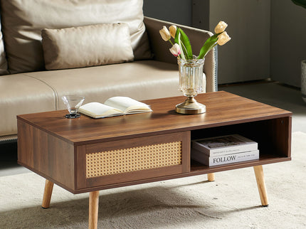 41.34" Rattan Coffee Table, Sliding Door For Storage, Solid Wood Legs, Modern Table For Living Room