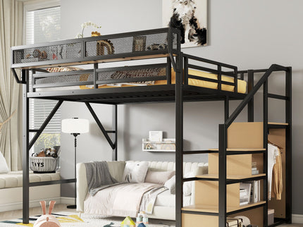 Queen Size Loft Bed & Stairs, Storage Shelves, Wardrobe - Black / Wood