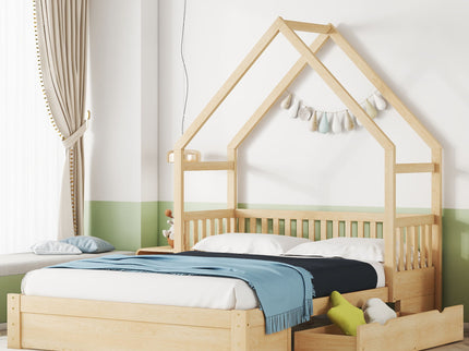 House Style Platform Bed With Guardrail And 2 Drawers