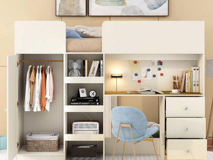 Loft Bed With Built In Wardrobe, Desk, Shelves, And Drawers