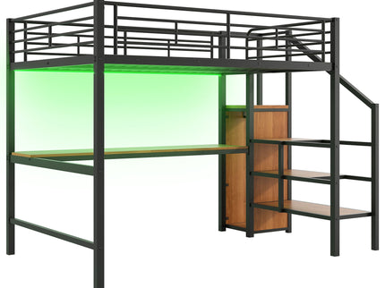 Loft Bed With Desk, Storage Staircase, Small Wardrobe And LED Light