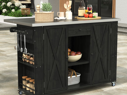 Outdoor Kitchen Island With Stainless Steel Top, Ample Storage Space, Towel And Spice Racks And A Bottle Opener