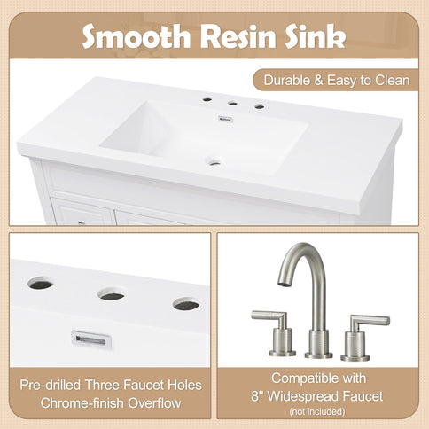 Bathroom Vanity & Sink, 6 Soft Close Drawers & Double Doors - White