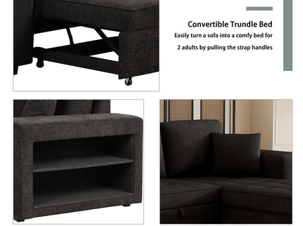 Modern L-Shape 3 Seat Reversible Sectional Couch, Pull Out Sleeper Sofa With Storage Chaise And 2 Stools For Living Room Furniture Set
